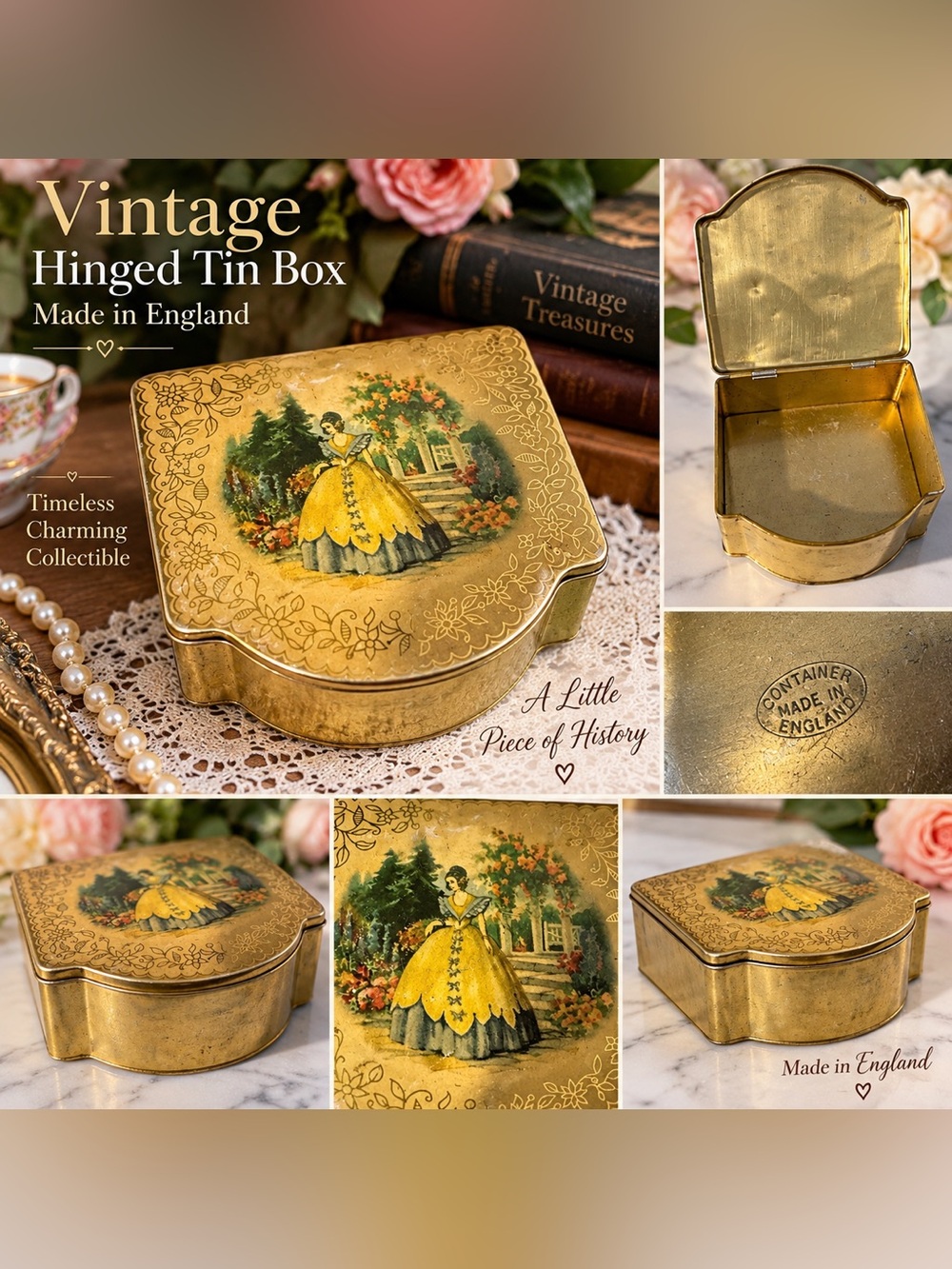 Vintage Decorative Hinged Tin Victorian Lady Woman Garden Golden Made In England